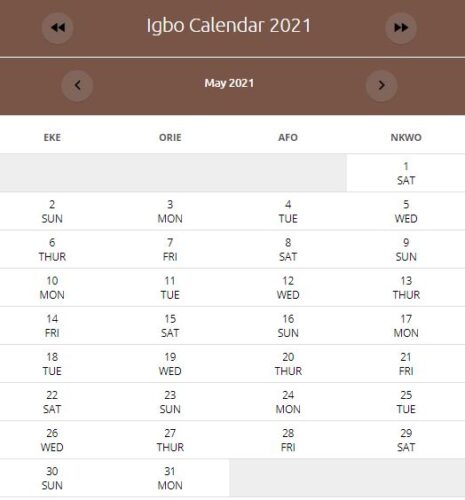 IGBO Calendar May 2021
