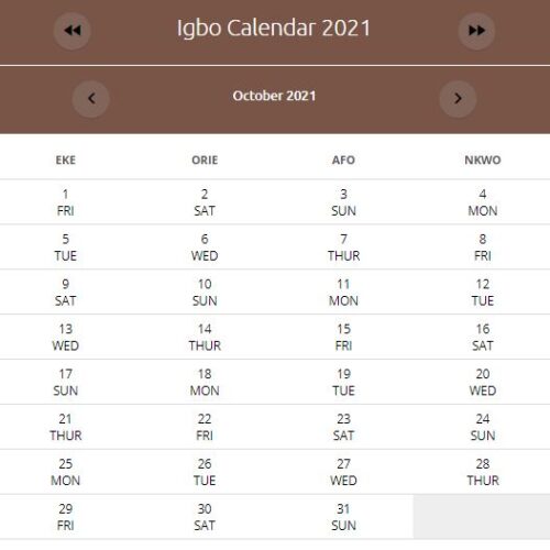 IGBO Calendar October 2021