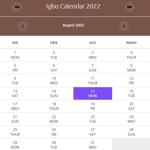IGBO Calendar August 2022